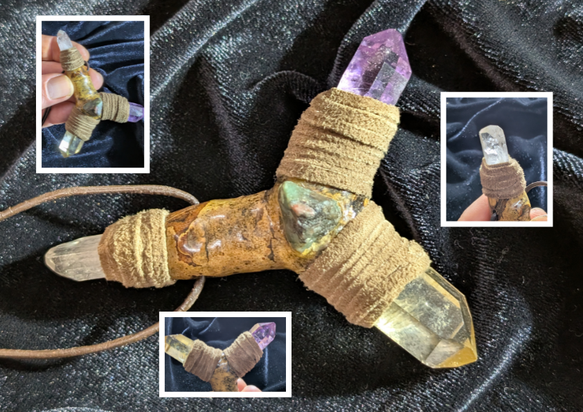 The Shaman's Trident, an oak branch set with amethyst, citrine, danburite and bloodstone