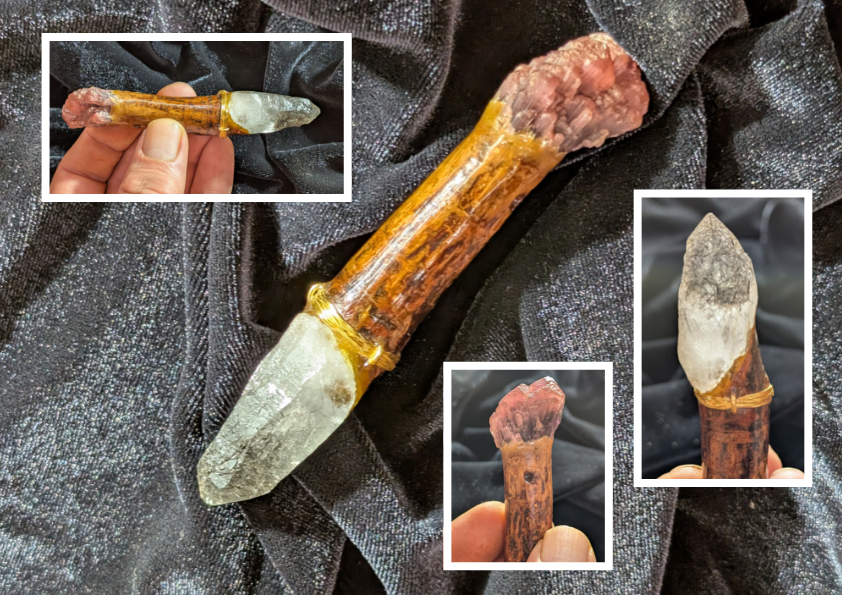 Magic Finger, tourmaline-bearing quartz joined to oak with solid gold wire