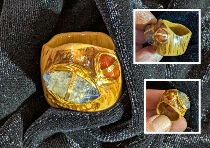 The Shaman's Ring, hand-carved oak set with sapphire, garnet and solid gold wire