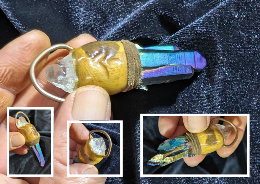 The Wisdom Key, a peacock aura quartz artifact set into carved oak