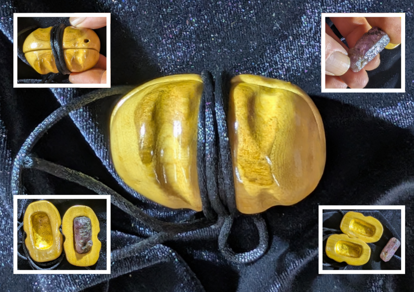Light of Spirit, a purple sapphire held inside a carved oak root case