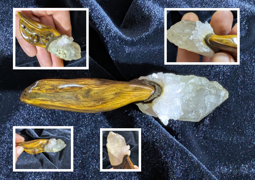The Heart Flame, natural quartz and rose quartz matrix joined to oak with leather